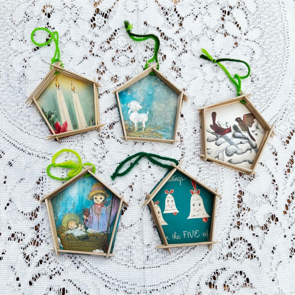 Vintage Handmade Christmas Ornaments Toothpick Frame Mid Century Cards Set of 5